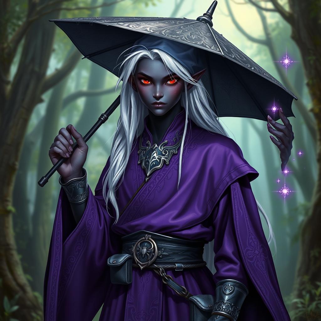 A young male drow wizard stands confidently, showcasing his deep ebony skin with violet undertones that glisten in the light