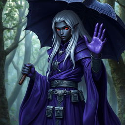 A young male drow wizard stands confidently, showcasing his deep ebony skin with violet undertones that glisten in the light