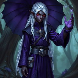 A young male drow wizard stands confidently, showcasing his deep ebony skin with violet undertones that glisten in the light