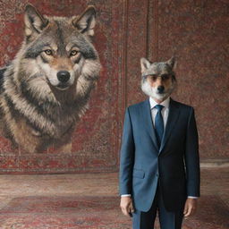 A wolf wearing smoky glasses and a suit, situated in an Iranian locale with a beautifully woven Iranian carpet hanging in the background.