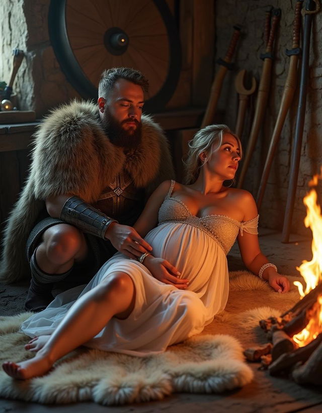 A captivating scene featuring a pregnant Viking woman lounging gracefully on a large bearskin rug, her sheer dress flowing elegantly around her