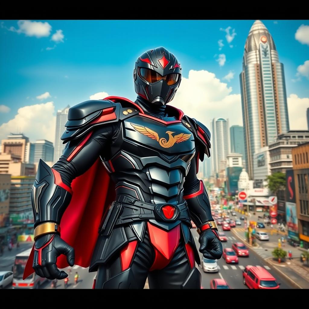 A heroic scene featuring Satria Baja Hitam, an iconic Indonesian superhero, standing tall in the middle of Jakarta city