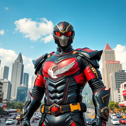 A heroic scene featuring Satria Baja Hitam, an iconic Indonesian superhero, standing tall in the middle of Jakarta city