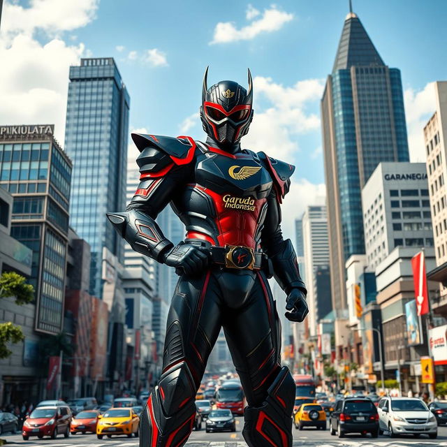 A heroic scene featuring Satria Baja Hitam, an iconic Indonesian superhero, standing tall in the middle of Jakarta city