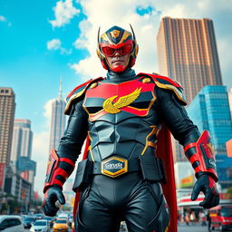 A heroic scene featuring Satria Baja Hitam, an iconic Indonesian superhero, standing tall in the middle of Jakarta city