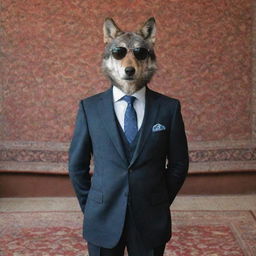 A wolf wearing smoky glasses and a suit, situated in an Iranian locale with a beautifully woven Iranian carpet hanging in the background.