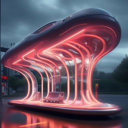 A captivating supernatural yet super beautiful futurist bus stop, rich in advanced technology and ethereal elements.