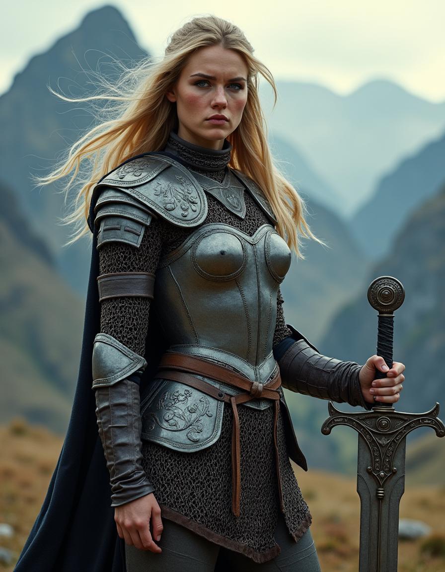 A fierce Viking warrior woman standing proudly in a rugged landscape