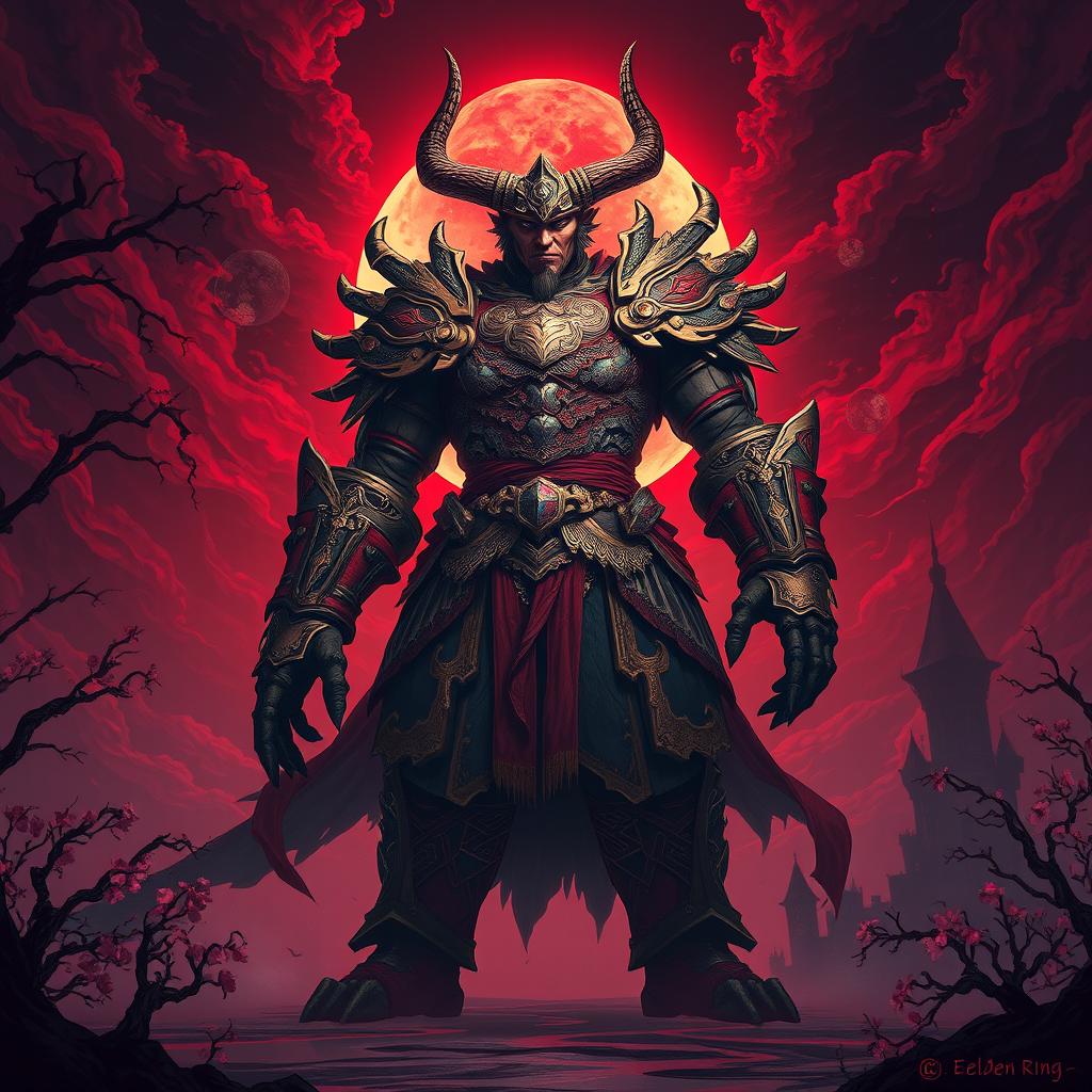 A final boss concept for an Elden Ring style game, featuring a towering figure known as the 'Oni of the Blood Sun'