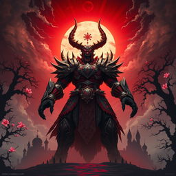 A final boss concept for an Elden Ring style game, featuring a towering figure known as the 'Oni of the Blood Sun'