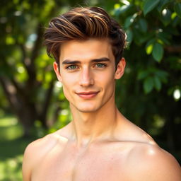 A hot young man with tousled brown hair and striking green eyes standing confidently in a natural, outdoor setting that conveys a serene atmosphere