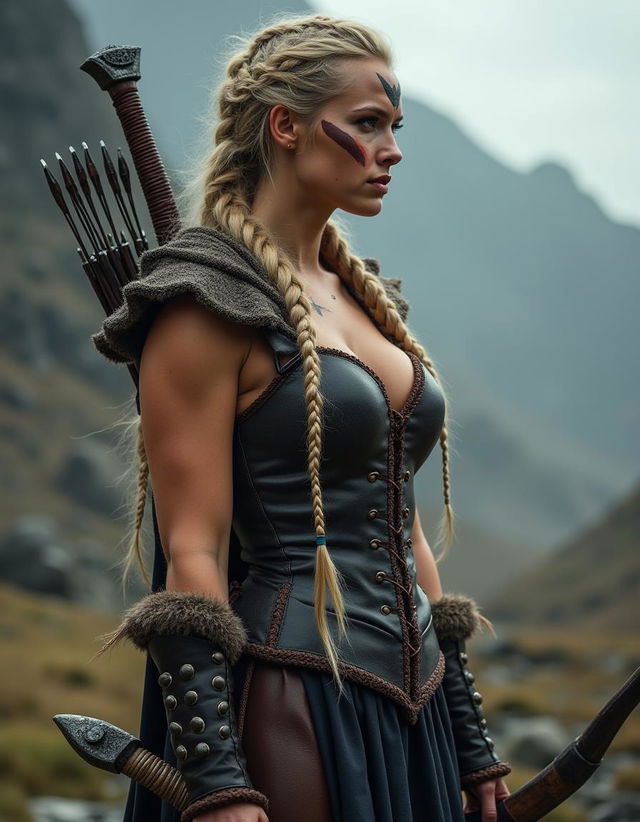 A striking Viking warrior woman presented in a full profile view, showcasing her fierce and powerful appearance