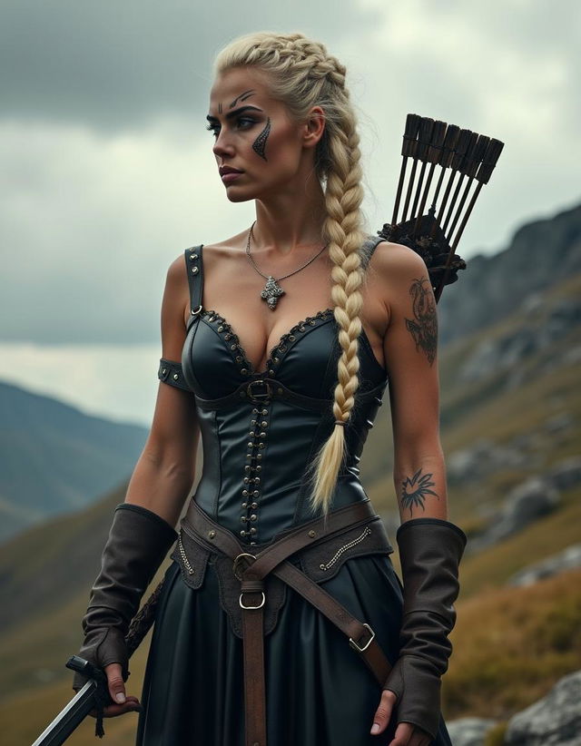 A formidable Viking warrior woman showcased in a full profile stance against a captivating natural backdrop