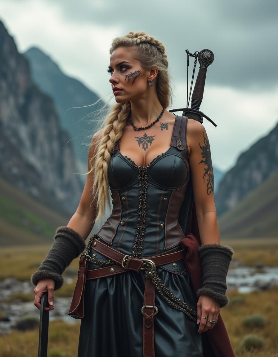 A striking Viking warrior woman captured in a full profile view, showcasing her fierce and confident demeanor