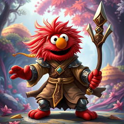 A whimsical yet fierce character inspired by a fantasy rendition of Elmo as a battle monk