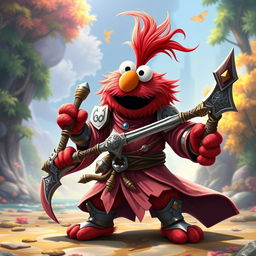 A whimsical yet fierce character inspired by a fantasy rendition of Elmo as a battle monk