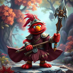 A whimsical yet fierce character inspired by a fantasy rendition of Elmo as a battle monk