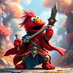 A whimsical yet fierce character inspired by a fantasy rendition of Elmo as a battle monk