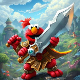 A vibrant fantasy rendition of Elmo as a brave warrior in a fantastical setting