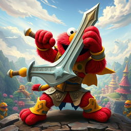 A vibrant fantasy rendition of Elmo as a brave warrior in a fantastical setting