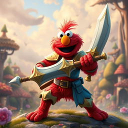 A vibrant fantasy rendition of Elmo as a brave warrior in a fantastical setting