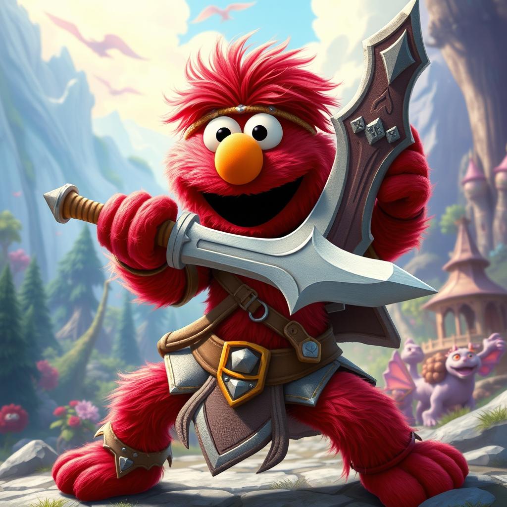 A vibrant fantasy rendition of Elmo as a brave warrior in a fantastical setting