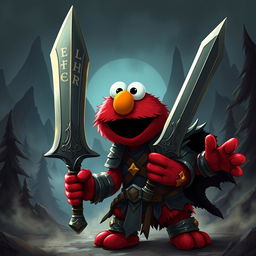 A charismatic depiction of Elmo as a mighty warrior in a dark fantasy setting