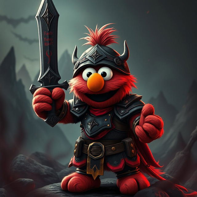 A charismatic depiction of Elmo as a mighty warrior in a dark fantasy setting