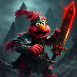 A charismatic depiction of Elmo as a mighty warrior in a dark fantasy setting