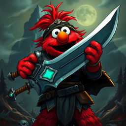 A charismatic depiction of Elmo as a mighty warrior in a dark fantasy setting