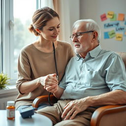 A compassionate woman aged between 30 and 50, with a loving and concerned expression, gently cares for her elderly father