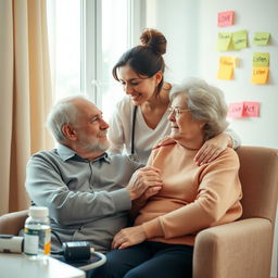 A compassionate woman aged between 30 and 50, with a loving and concerned expression, gently cares for her elderly father