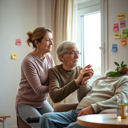 A compassionate woman aged between 30 and 50, with a loving and concerned expression, gently cares for her elderly father