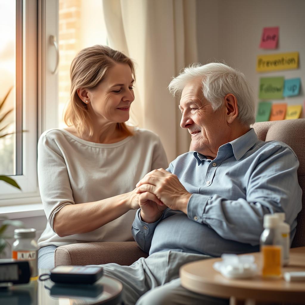 A compassionate woman aged between 30 and 50, with a loving and concerned expression, gently cares for her elderly father