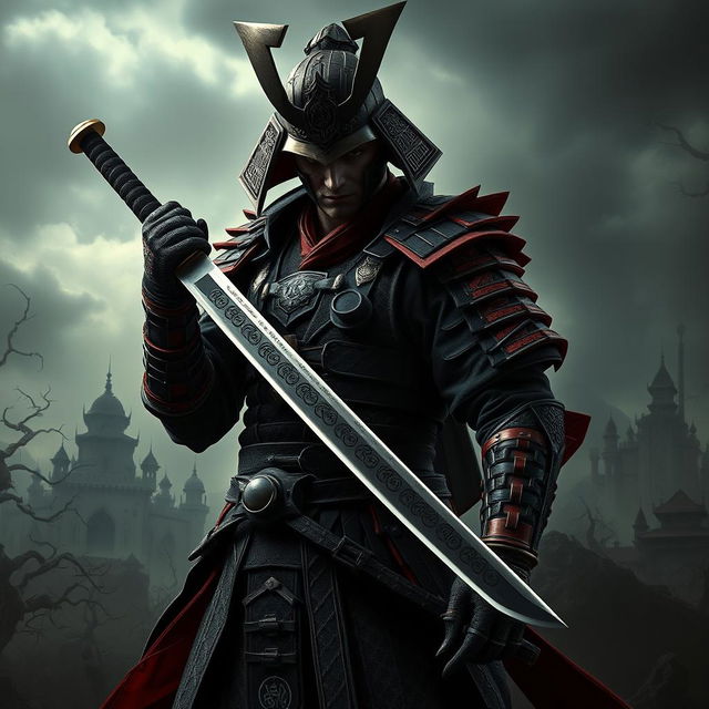 A striking image of Agent 47 reimagined as a samurai in a dark fantasy setting