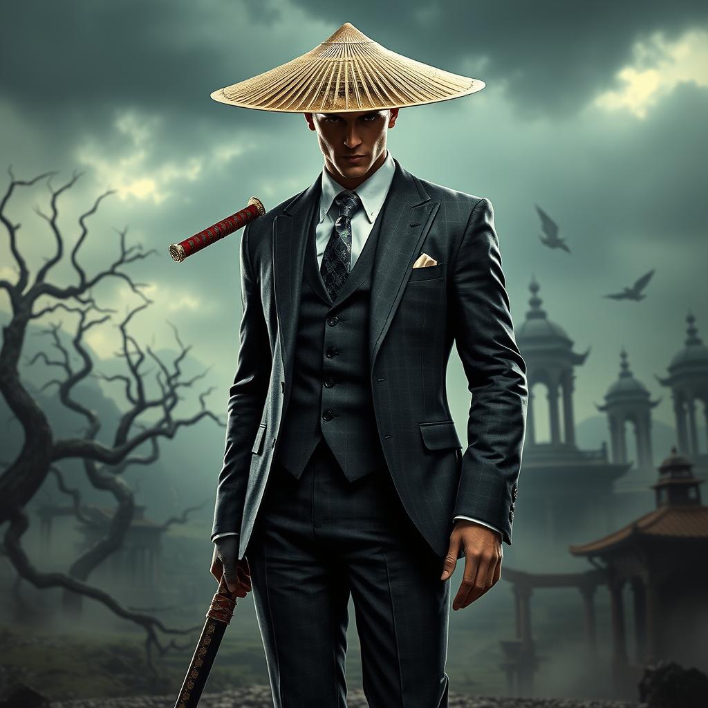 An intriguing image of Agent 47 reimagined as a samurai wearing a sleek suit and a traditional straw hat in a dark fantasy setting