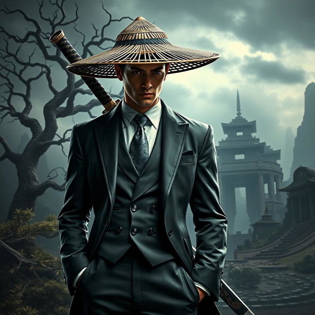 An intriguing image of Agent 47 reimagined as a samurai wearing a sleek suit and a traditional straw hat in a dark fantasy setting