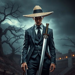 An intriguing image of Agent 47 reimagined as a samurai wearing a sleek suit and a traditional straw hat in a dark fantasy setting