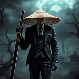 An intriguing image of Agent 47 reimagined as a samurai wearing a sleek suit and a traditional straw hat in a dark fantasy setting