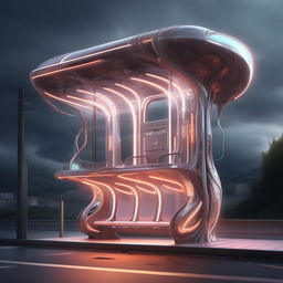 A captivating supernatural yet super beautiful futurist bus stop, rich in advanced technology and ethereal elements.