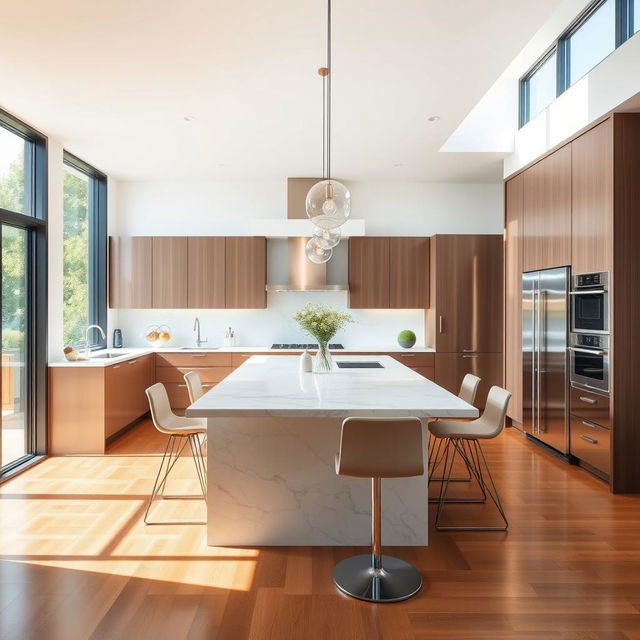 A modern kitchen featuring a sleek design with a central island