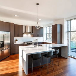 A modern kitchen featuring a sleek design with a central island