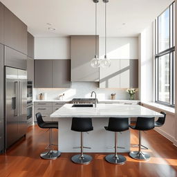 A modern kitchen featuring a sleek design with a central island