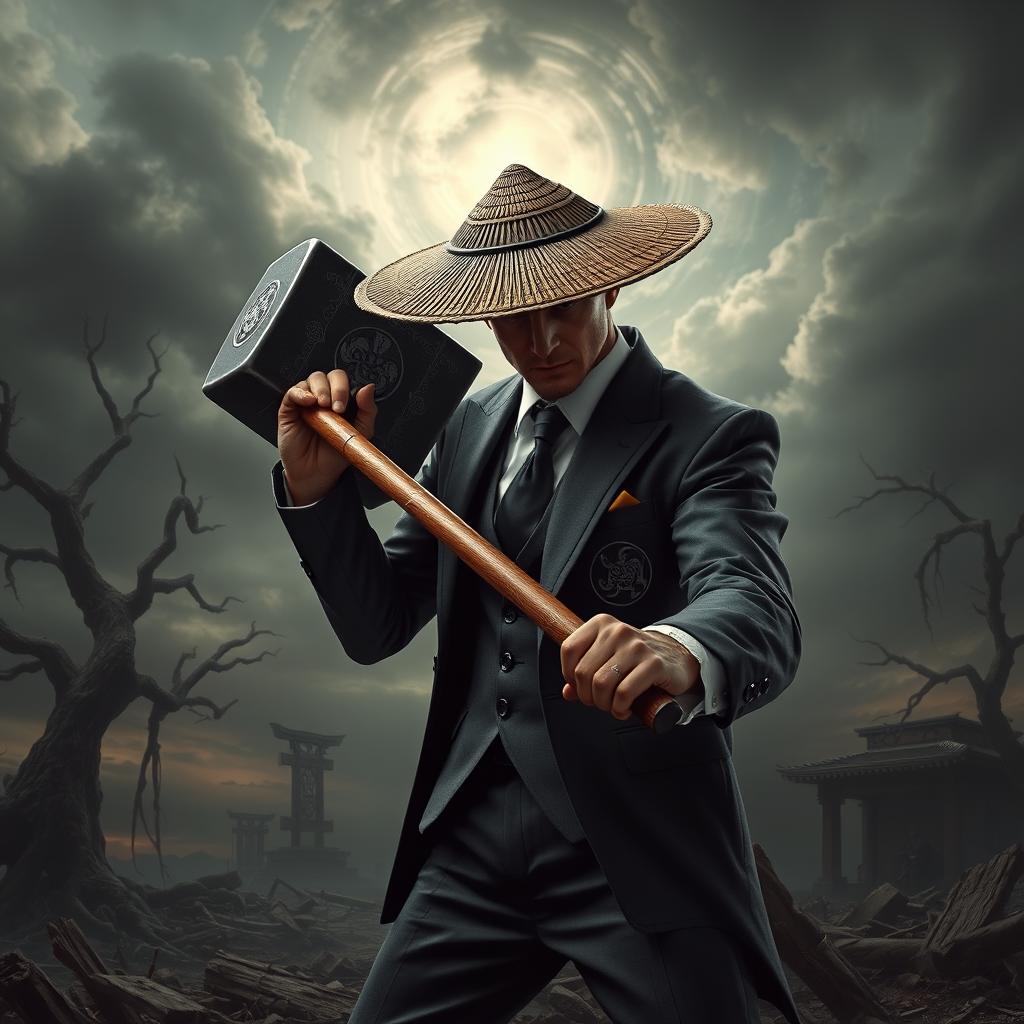 An intriguing image of Agent 47 reimagined as a samurai wielding a massive hammer in a dark fantasy setting