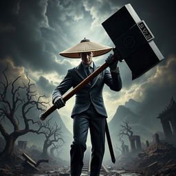 An intriguing image of Agent 47 reimagined as a samurai wielding a massive hammer in a dark fantasy setting