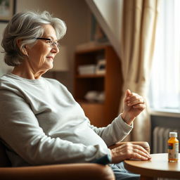 A compassionate woman aged between 30 and 50, with a loving and concerned expression, gently cares for her elderly father