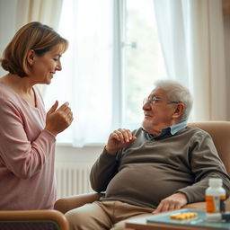 A compassionate woman aged between 30 and 50, with a loving and concerned expression, gently cares for her elderly father