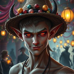 A striking male elf with sharp, defined features, wearing a stylish straw hat decorated with vibrant, colorful trinkets