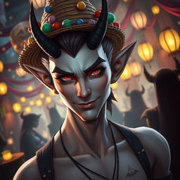 A striking male elf with sharp, defined features, wearing a stylish straw hat decorated with vibrant, colorful trinkets