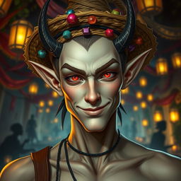 A striking male elf with sharp, defined features, wearing a stylish straw hat decorated with vibrant, colorful trinkets